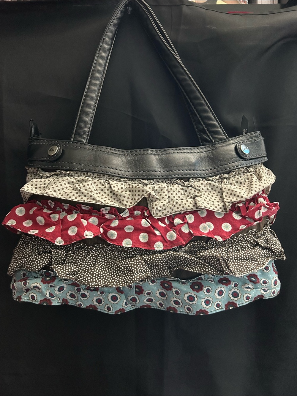 Thirty One Ruffled Multi-Pattern Skirt Purse Shoulder Bag in Black & Red NWOT